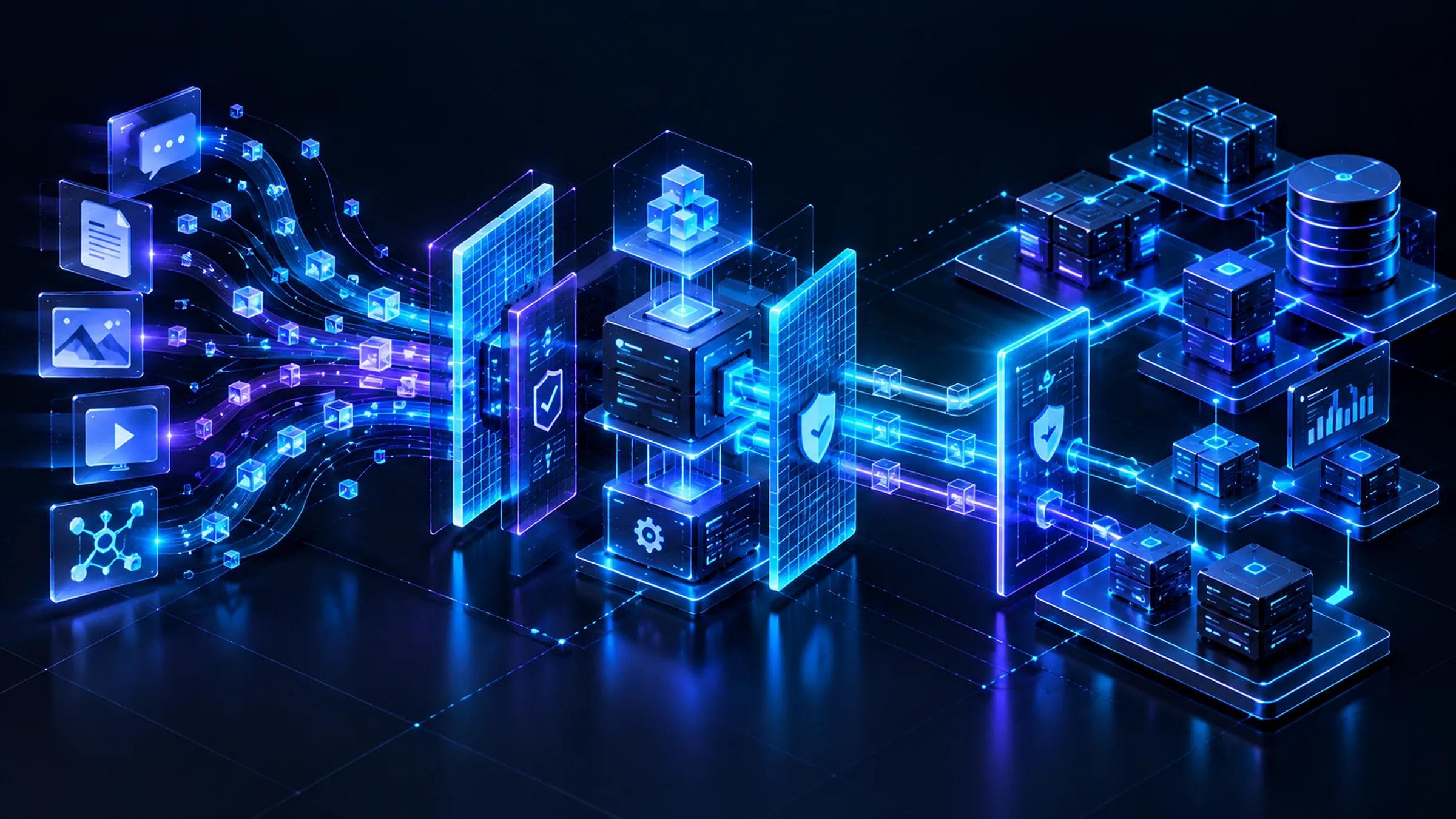 AI trust boundary diagram with untrusted input on one side, a hard permission gate, and protected business systems beyond it.