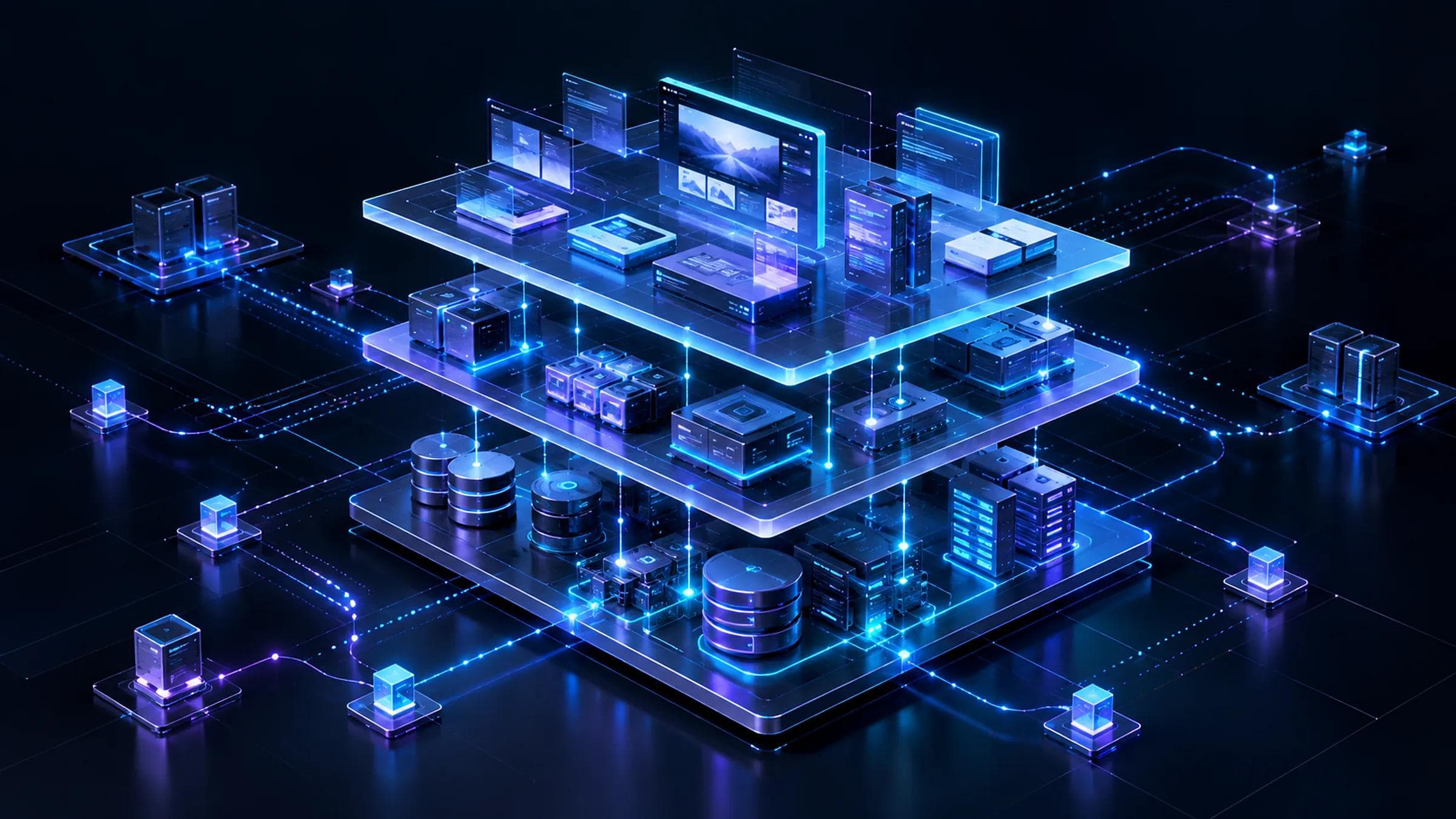 Layered web application architecture with four stacked tiers and one-way data flow between them.